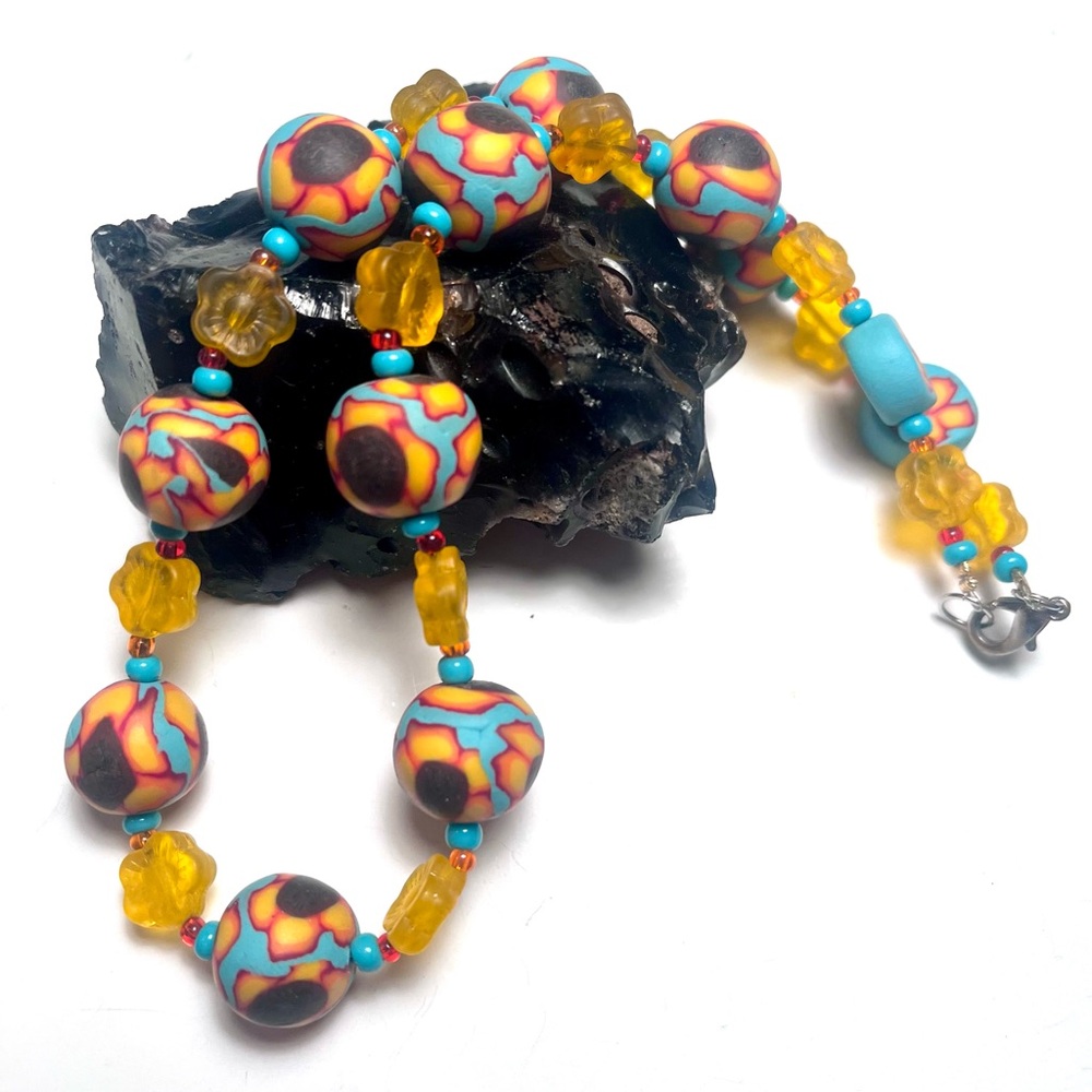 Artisan Polymer Clay Sunflower Beaded Necklace with Yellow and Blue Accents